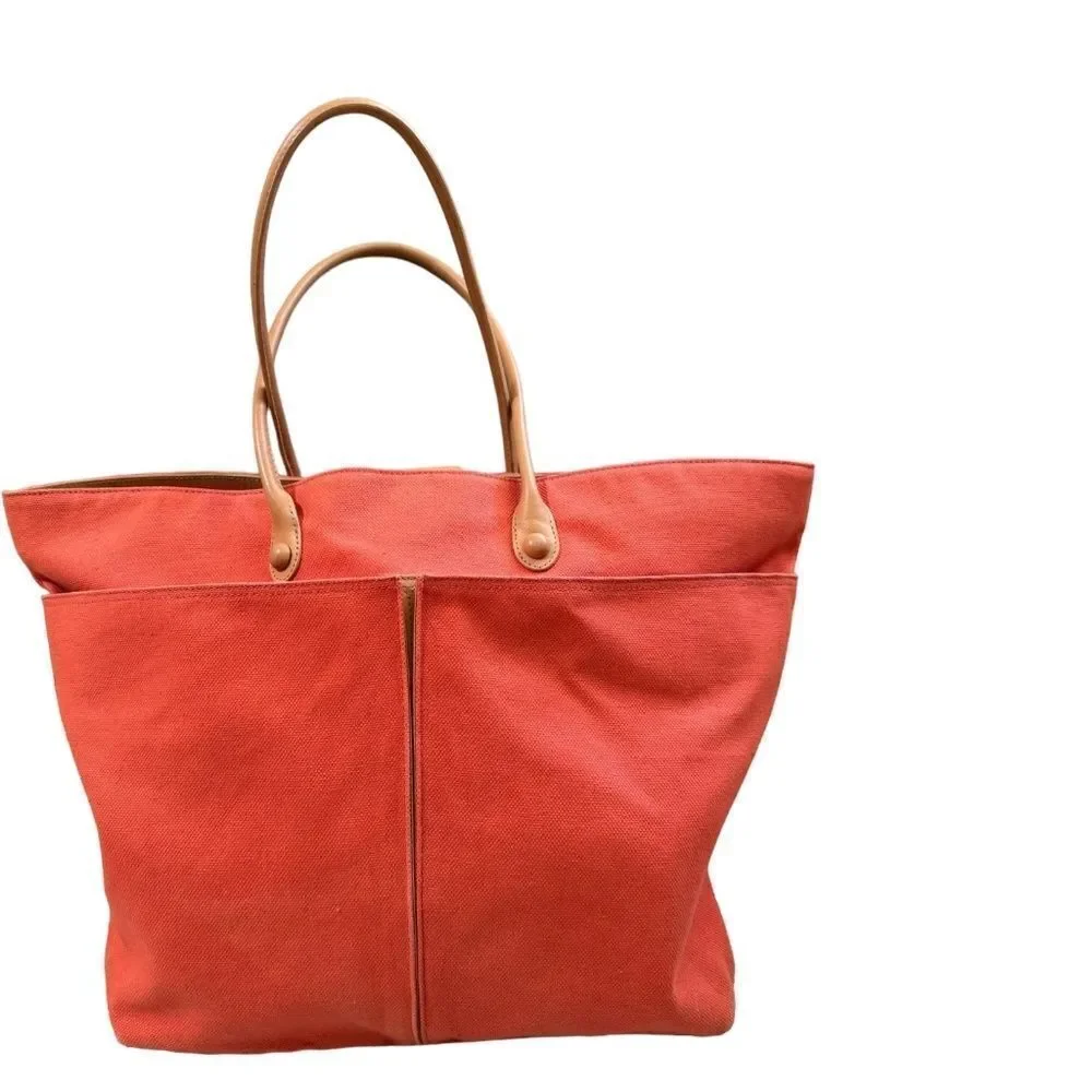 TUSK ITALIAN ORANGE BLUSH CANVAS TOTE HUGE W LARGE FRONT POCKETS, LEATHER STRAPS - Picture 3 of 11